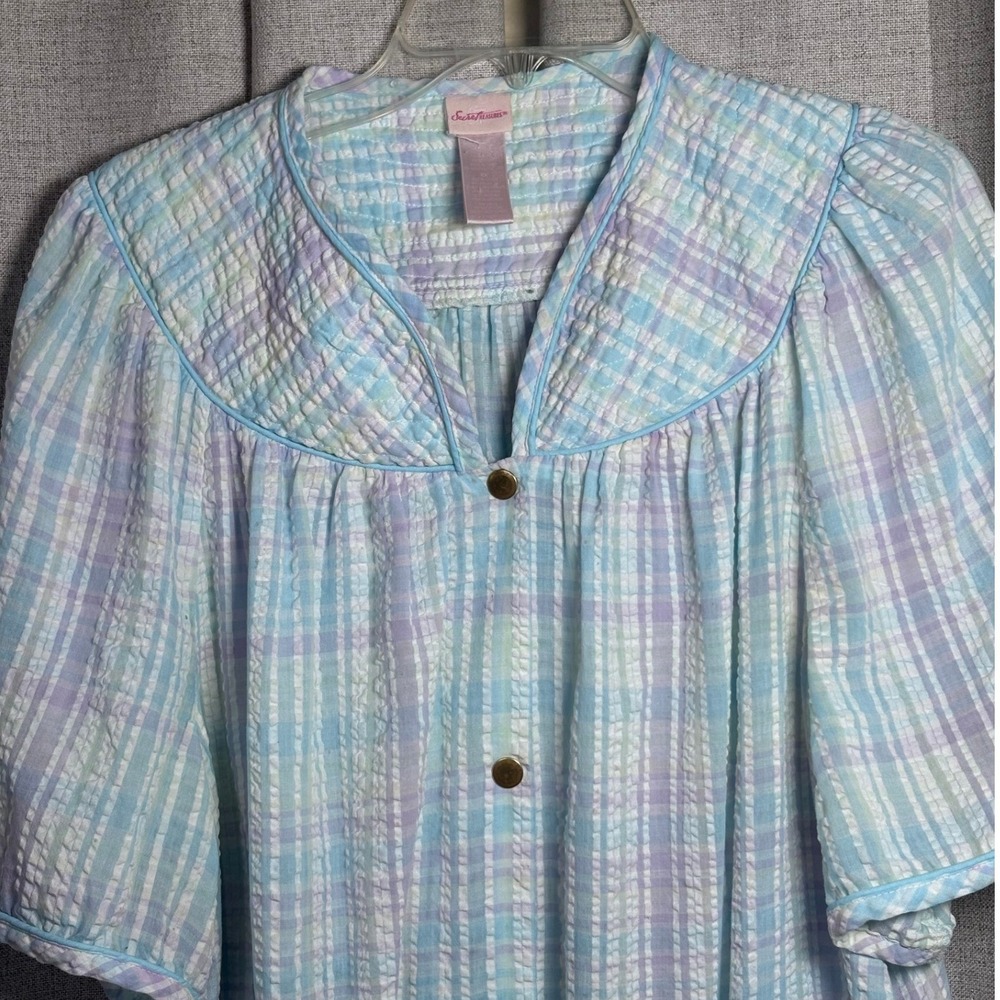 Secret Treasures Pastel Plaid Seersucker Housecoat Duster Robe Blue Purple XL